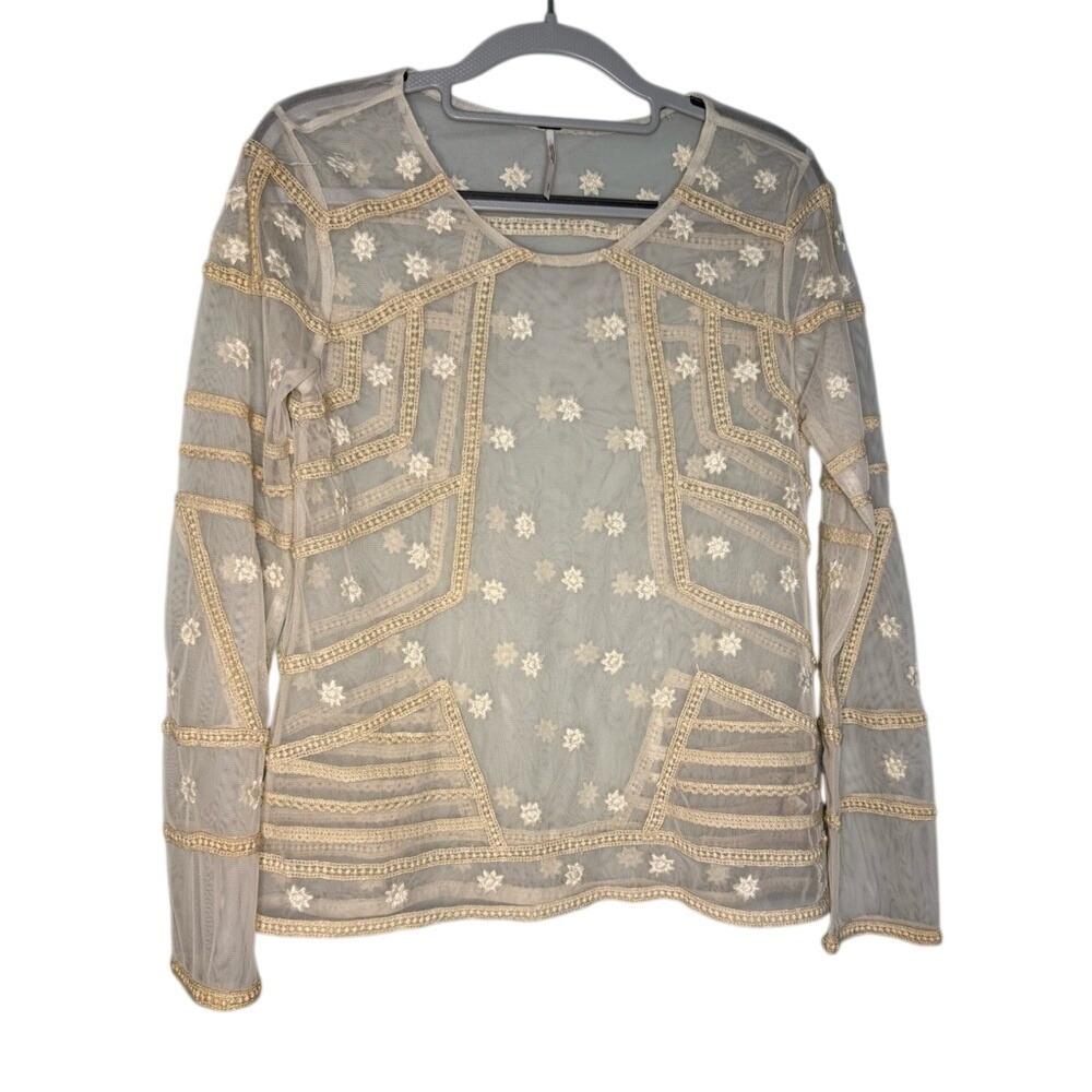 Free people‎ lightweight floral embroidered sheer fairy long sleeve blouse cream